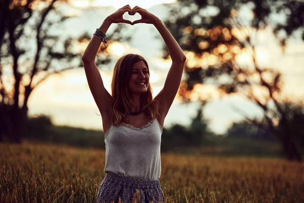 Woman Nature Holding Heart Shape Symbol Made Hands — Stock Photo, Image