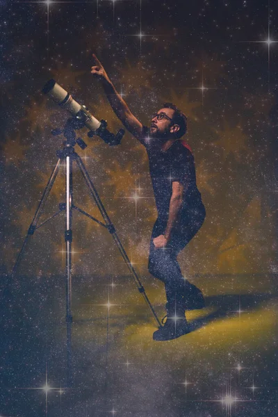 Amateur astronomer looking at the stars with a telescope. Astronomy and astrology concept.