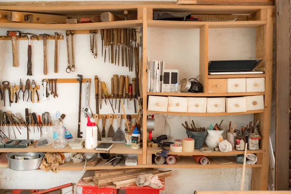 Various Carpenter Tools Supplies Garage — Stock Photo, Image