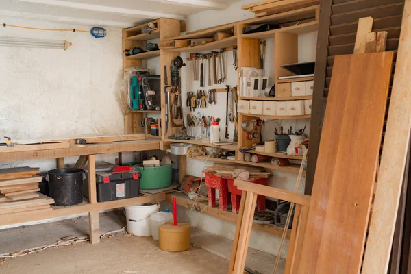 Ferramentas Suprimentos Vários Carpinteiro Uma Garagem — Fotografia de Stock