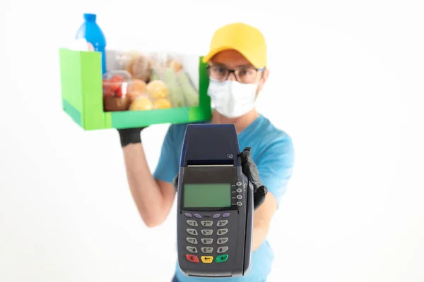 Tipo Entrega Con Caja Protectora Máscara Bolsa Con Comestibles Punto — Foto de Stock