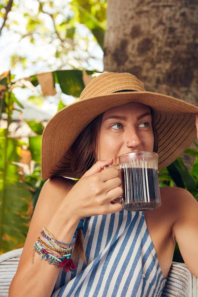 Young Caucasian Woman Sitting Patio Drinking Coffee Tea Summertime Season — Stock Photo, Image