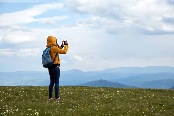 Una Donna Che Utilizza Cellulare Grande Prato Paesaggio Vista Dall — Foto Stock