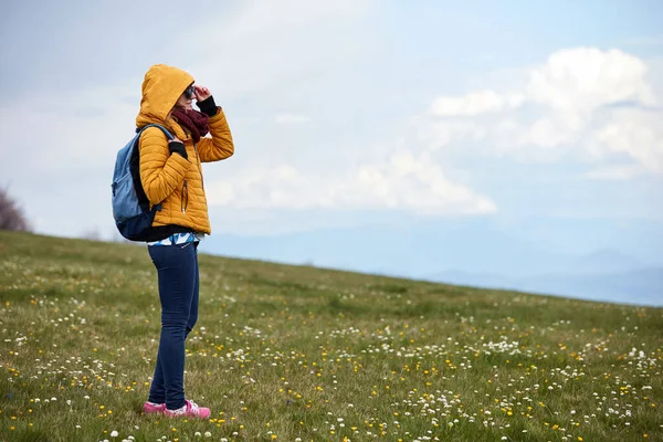 Una Donna Grande Prato Paesaggio Vista Dall Alto Montagna — Foto Stock