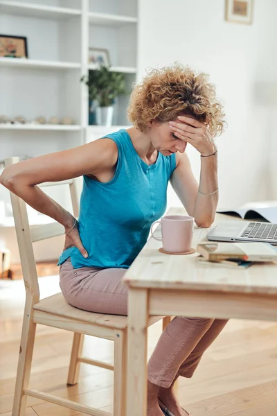 Woman Working Home Being Depressed Tired Headache Back Pain Modern — Stock Photo, Image