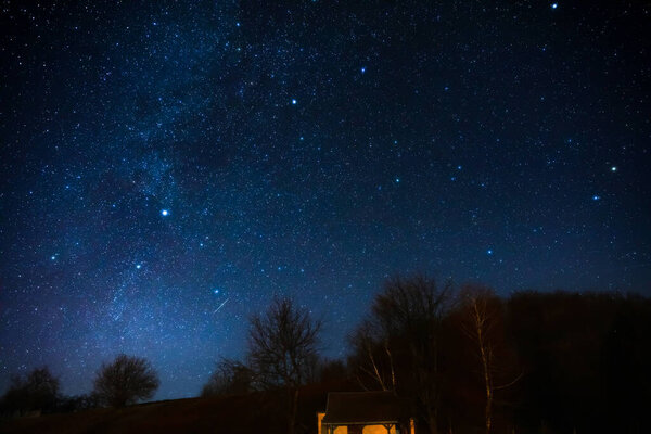 Milky way stars and rural countryside silhouettes.