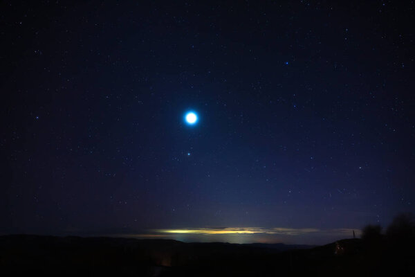 Milky Way stars and rural countryside tree silhouettes.