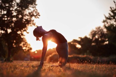 Sıcak bir yaz gününde parkta yoga ve esneme egzersizleri yapan bir kadın..