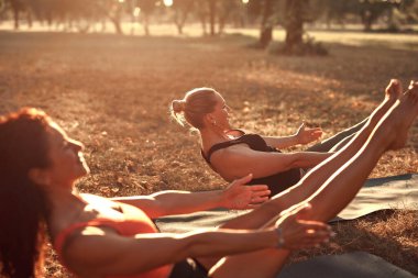 Sıcak ve güneşli bir yaz gününde iki kadın parkta yoga yapıyor ve esneme hareketleri yapıyor..