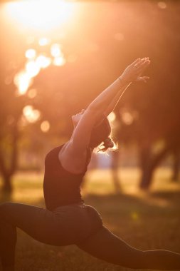 Sıcak bir yaz gününde parkta yoga ve esneme egzersizleri yapan bir kadın..