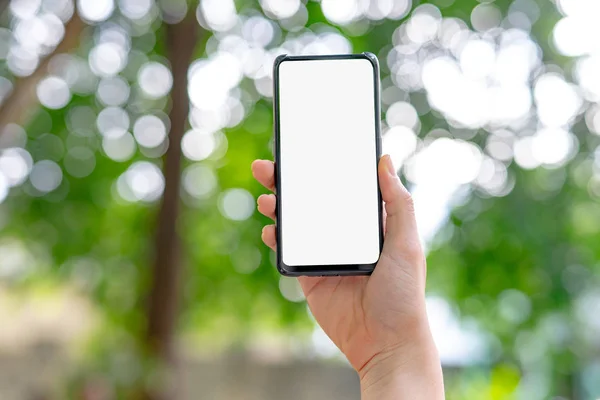Eller beyaz bir ekran ve bokeh sahne ile bir telefon tutarak