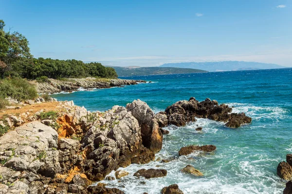 Capa Marinha Costa Rochosa Pedras Floresta Verde Água Azul Turquesa — Fotografia de Stock