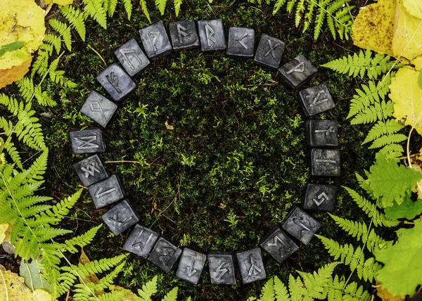 Ein Kreis aus 24 skandinavischen Runen auf dem Hintergrund von Moos und Blättern im herbstlichen Wald. — Stockfoto