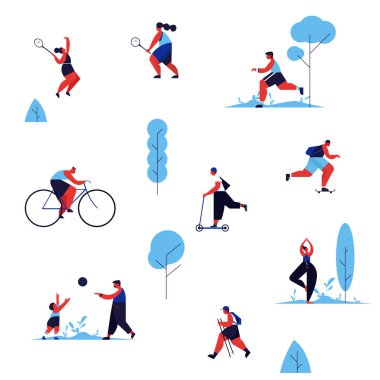 İnsanlar parkta yaz açık hava etkinlikleri gerçekleştirerek vakit geçiriyorlar: bisiklete binmek, yoga yapmak, çocuklarla top oynamak, koşu yapmak. Geometri düz minimalizm tarzı. Vektör çizimi.