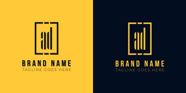 Bu logo simgesi soyut dikdörtgen şekli ve yazı karakteriyle yaratıcı bir şekilde birleştirilir. Sarı ve siyah arka planda modern harf logosu tasarımı.