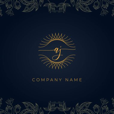 Zarif lüks AJ logosu. Bu simge, soyut yuvarlak, çiçekli arka planda ince geometrik şekle sahip anonim şirkettir. Hangi şirket veya markanın bu ilk adımları atması uygun olacaktır.