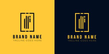 Asgari soyut DF logosu. Bu simge, yaratıcı bir şekilde soyut dikdörtgen şekli ve yazı karakteriyle birleştirilir. Bu tasarım sarı ve siyah arkaplanda.
