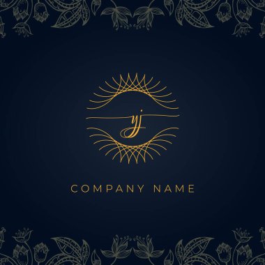 Zarif lüks YJ logosu. Bu simge, soyut yuvarlak, çiçekli arka planda ince geometrik şekle sahip. Kraliyet, Butik, Otel, Heraldiç, Mücevher için uygun olacaktır..