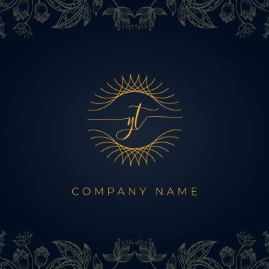 Zarif lüks YT logosu. Bu simge, soyut yuvarlak, çiçekli arka planda ince geometrik şekle sahip. Kraliyet, Butik, Otel, Heraldiç, Mücevher için uygun olacaktır..