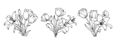 Lilly ve Tulip çiçek aranjmanı beyaz arka planda. Düğün için siluet botanik el çizimi ögesi, davet çerçevesi tasarımı, vektör illüstrasyonu.