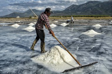 Nha Trang, Vietnam - 16 Ağustos: Erkekler 16 Ağustos 2018'de Vietnam'ın Nha Trang kentinde hon Khoi tuz tarlalarında tuz ları yığınlar halinde düzenliyorlar..
