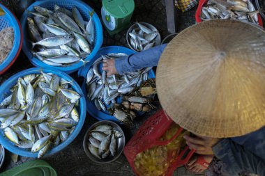 Hoi An, Vietnam - 17 Ağustos: 17 Ağustos 2018'de Hoi An, Vietnam'da pazarda balık satıcıları.