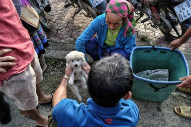 Bac ha, Vietnam-Ağustos 26, 2018: tanımlanamayan insanlar satın alma ve Pazar pazarında köpekler satış 26 Ağustos, 2018 Bac ha, Vietnam.