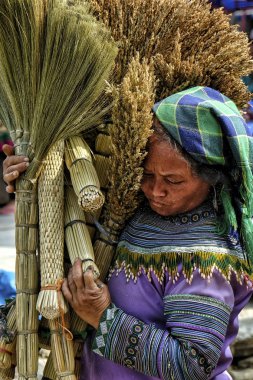 Bac Ha, Vietnam - 26 Ağustos: 26 Ağustos 2018'de Bakü Ha, Vietnam'da pazarda geleneksel süpürge satan kadınlar.