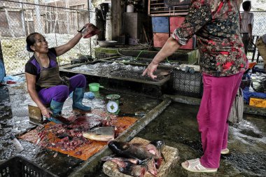 Bac ha, Vietnam-Ağustos 26, 2018: tanımlanamayan insanlar satın alma ve Pazar pazarında balık satış 26 Ağustos, 2018 Bac ha, Vietnam.