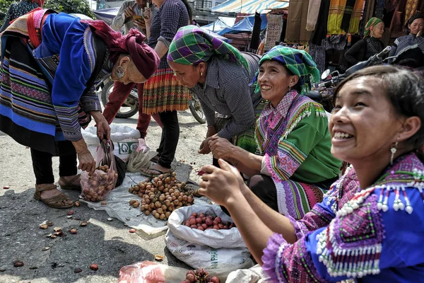Bac Vietnam Agosto Mujeres Hmong Con Vestido Tradicional Vendiendo Verduras —  Fotos de Stock