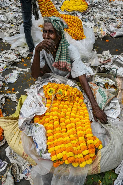 Kolkata India September 2020 Flower Vendor Mullik Ghat Flower Market — Stock Photo, Image