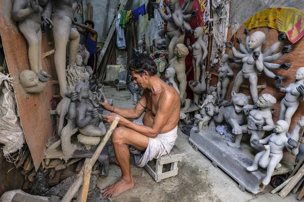 Kolkata Inde Septembre 2020 Artisan Sculptant Argile Paille Pour Festival — Photo