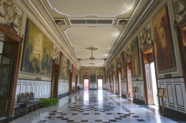 Merida, Mexico - April 9, 2025: Murals by Fernando Castro Pacheco at the Government Palace of the State of Yucatan in Merida, Mexico.