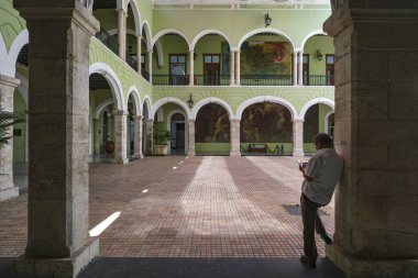 Merida, Mexico - April 9, 2025: Murals by Fernando Castro Pacheco at the Government Palace of the State of Yucatan in Merida, Mexico.