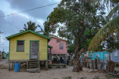 Dangriga, Belize - June 6, 2025: Colorful wooden houses in Dangriga, Belize.
