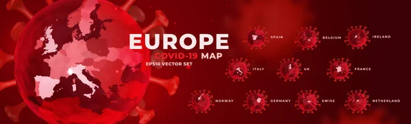 Covid Banner Celdas Coronavirus Con Los Países Europeos Mapa Conjunto — Vector de stock