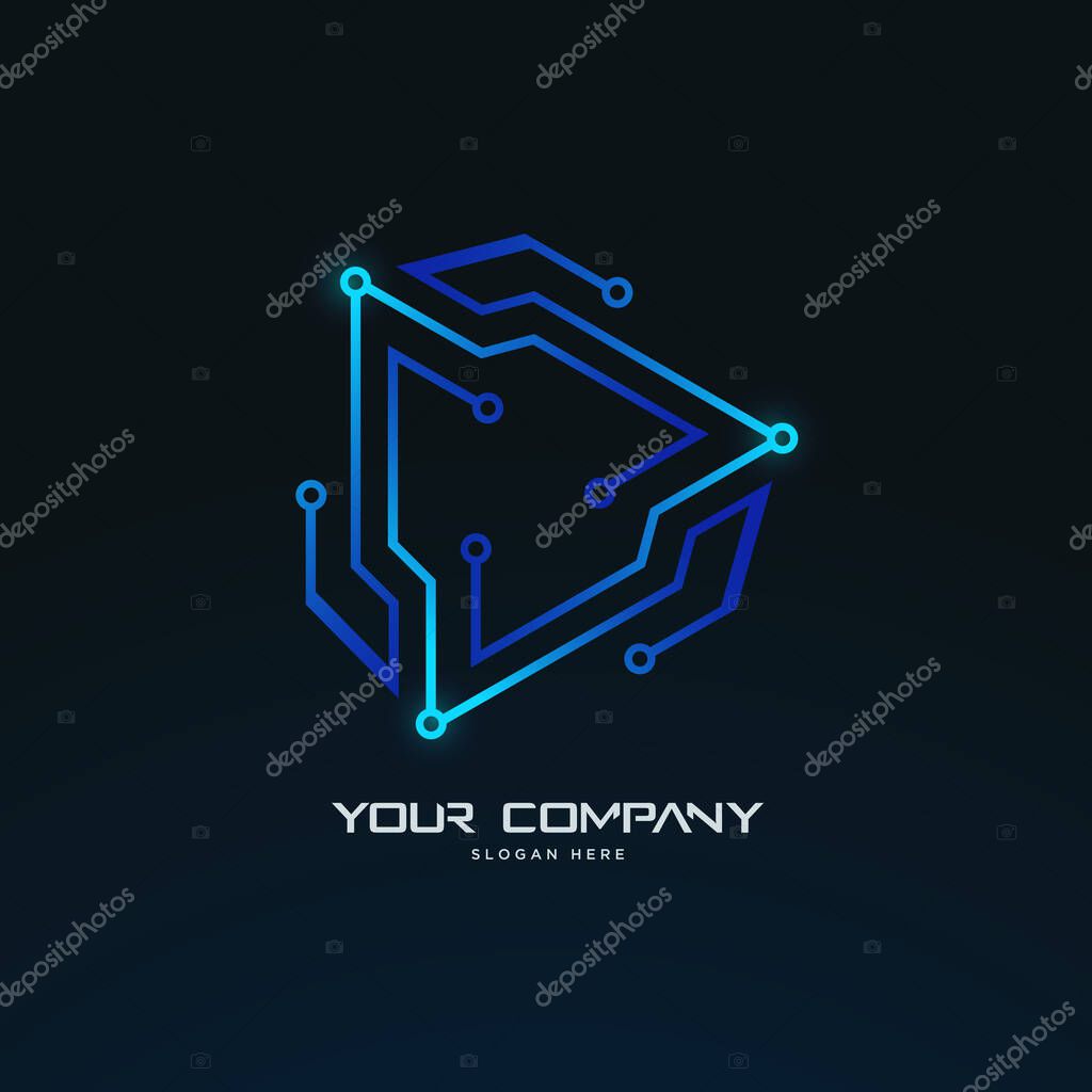 Futuristic abstract symmetrical triangle pulse tech circuit board logo template