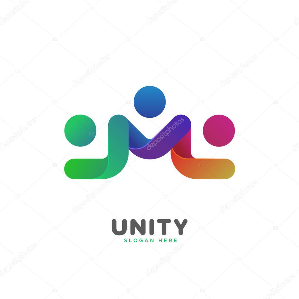 Colorful smooth gradient M letter initial unity, people, social logo vector template