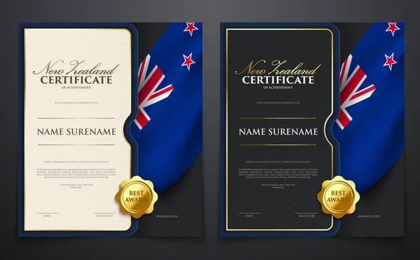 Патріотичний Сертифікат Досягнення Прапором Нової Зеландії Розкішна Обкладинка Золотого Стилю — стоковий вектор