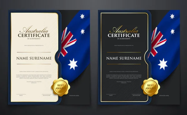 Σετ Πατριωτικού Πιστοποιητικού Επιτευγμάτων Σημαία Αυστραλίας Πολυτελές Κομψό Χρυσό Κάλυμμα — Διανυσματικό Αρχείο