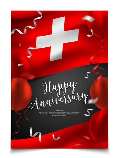 Ευτυχισμένη Επέτειο Καλύψει Διάταξη Σημαία Της Ελβετίας Μπαλόνι Και Κομφετί — Διανυσματικό Αρχείο