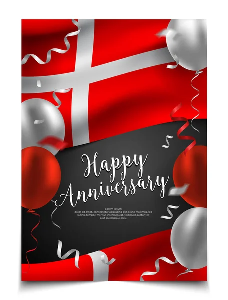 Happy Anniversary Cover Layout Flag Denmark Léggömb Konfetti Háttér Buli — Stock Vector