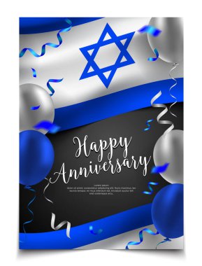 İsrail bayrağı, balon ve konfeti arkaplanlı mutlu yıldönümü kaplaması. parti, tatil, ulusal ölçekli kutlama, el ilanı, kart, pankart, broşür şürü