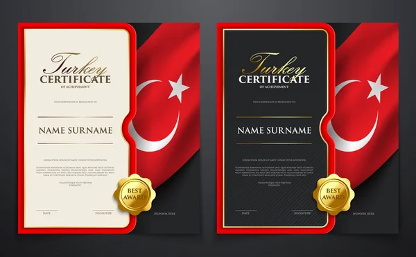 Σετ Πατριωτικού Πιστοποιητικού Επιτευγμάτων Σημαία Τουρκίας Πολυτελές Κομψό Χρυσό Εξώφυλλο — Διανυσματικό Αρχείο