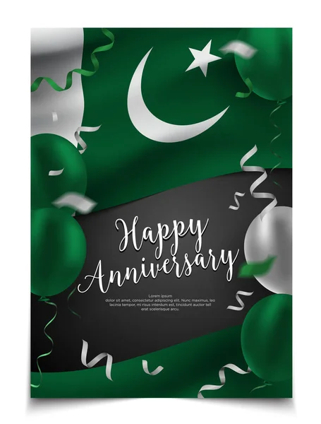 Ευτυχισμένη Επέτειο Καλύψει Διάταξη Σημαία Του Πακιστάν Μπαλόνι Και Κομφετί — Διανυσματικό Αρχείο