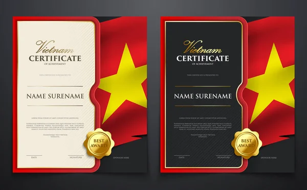 Conjunto Certificado Logro Patriótico Con Bandera Vietnam Cubierta Lujo Elegante — Archivo Imágenes Vectoriales