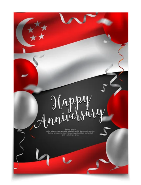 Счастливый Юбилейный Макет Обложки Флагом Сингапура Воздушным Шаром Конфетти Фоне — стоковый вектор