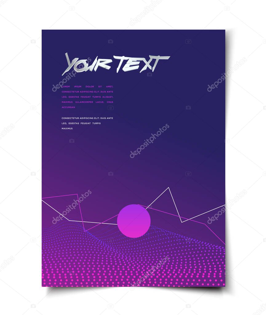 Abstract retro cyberpunk style with dotted dynamic wavy surface and planet, background layout, cover, poster, wallpaper design template