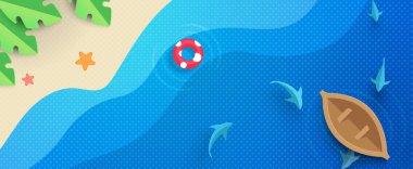 3D kağıt kesim karikatür tropikal plaj afişi illüstrasyon eps10 vektörü