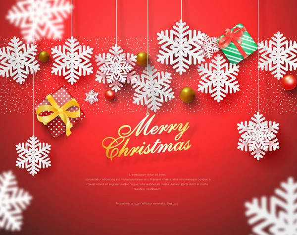 Fond Thème Noël Rouge Flocons Neige Découpés Sur Papier Modèle — Image vectorielle